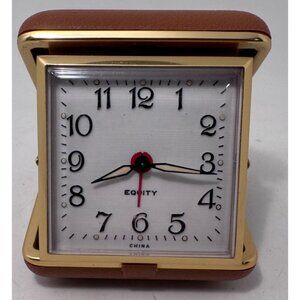 Vintage Equity Travel Alarm Clock Gold-Tone Case Brown Faux Leather Cover Fold U